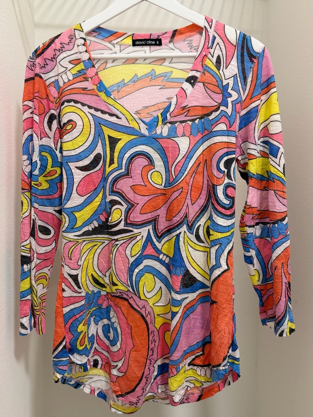 David Cline Pink Blue Yellow Multicolor V-Neck Abstract Print Top